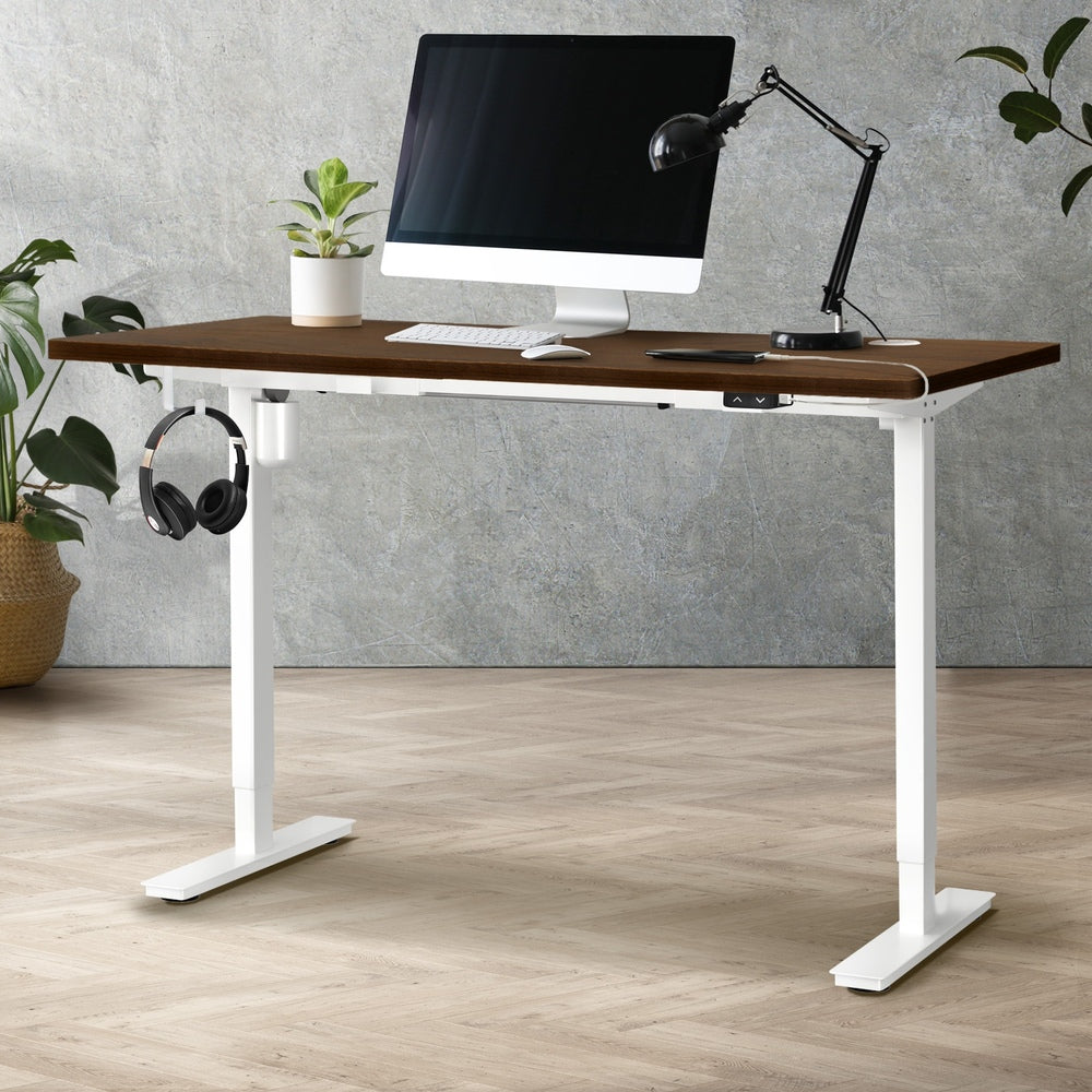 Electric Standing Desk Single Motor Height Adjustable Sit Stand Table White and Walnut 150cm