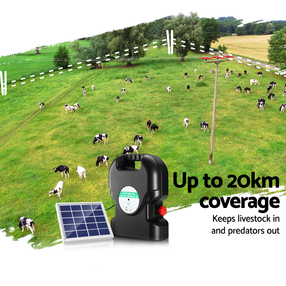 20km Solar Powered Electric Fence Energiser 1.2J for Livestock & Property
