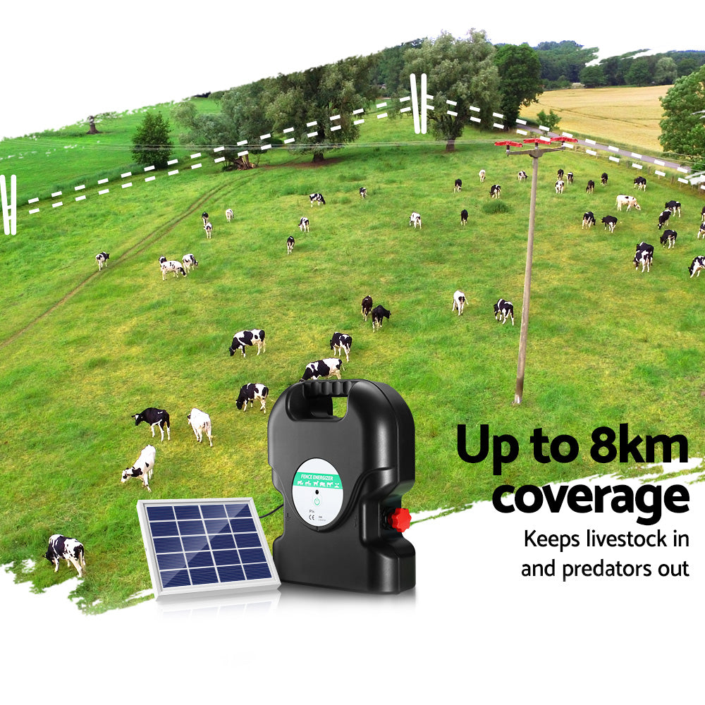8Km Electric Fence Energiser Solar Energizer Charger Farm Animal 0.3J