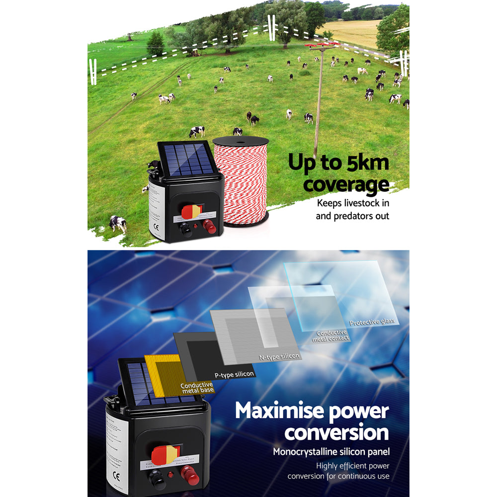 Solar Powered Electric Fence Energiser 5Km with 500M Poly Rope