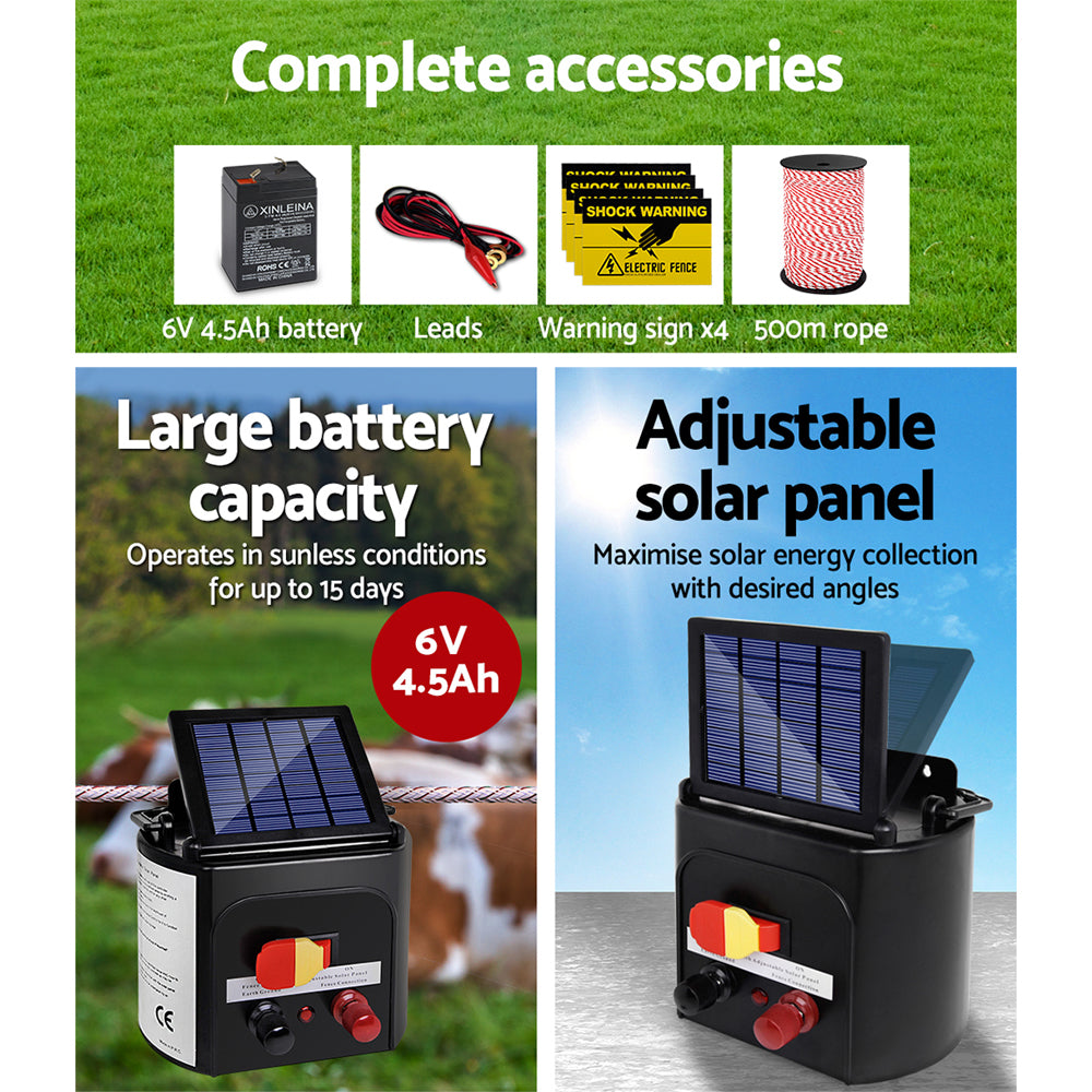 Solar Powered Electric Fence Energiser 5Km with 500M Poly Rope