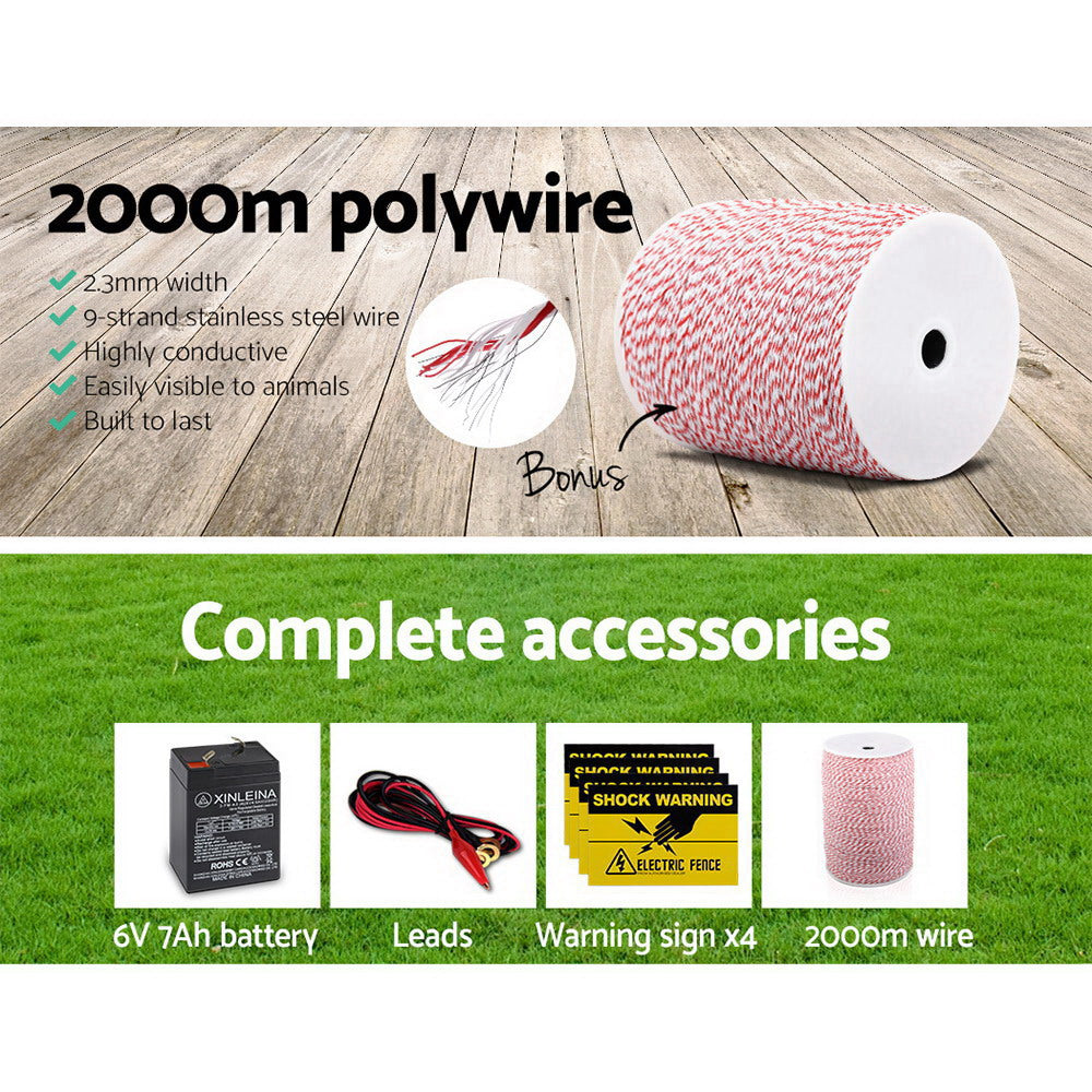8km Solar Powered Fence Energiser with 2km Poly Wire Electric Fencing