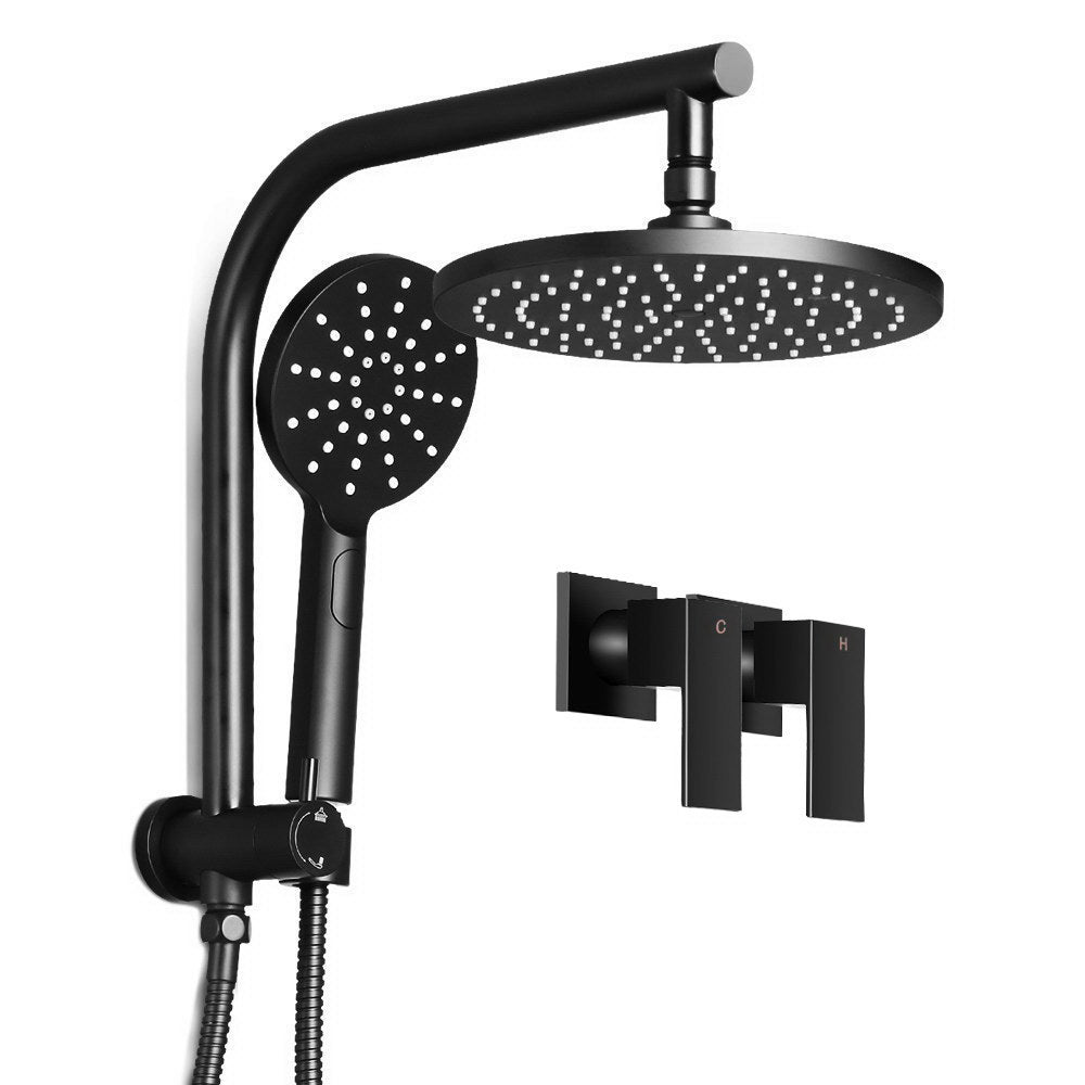 Black Handheld Round High Pressure Rain Shower Head Set With Twins Tap