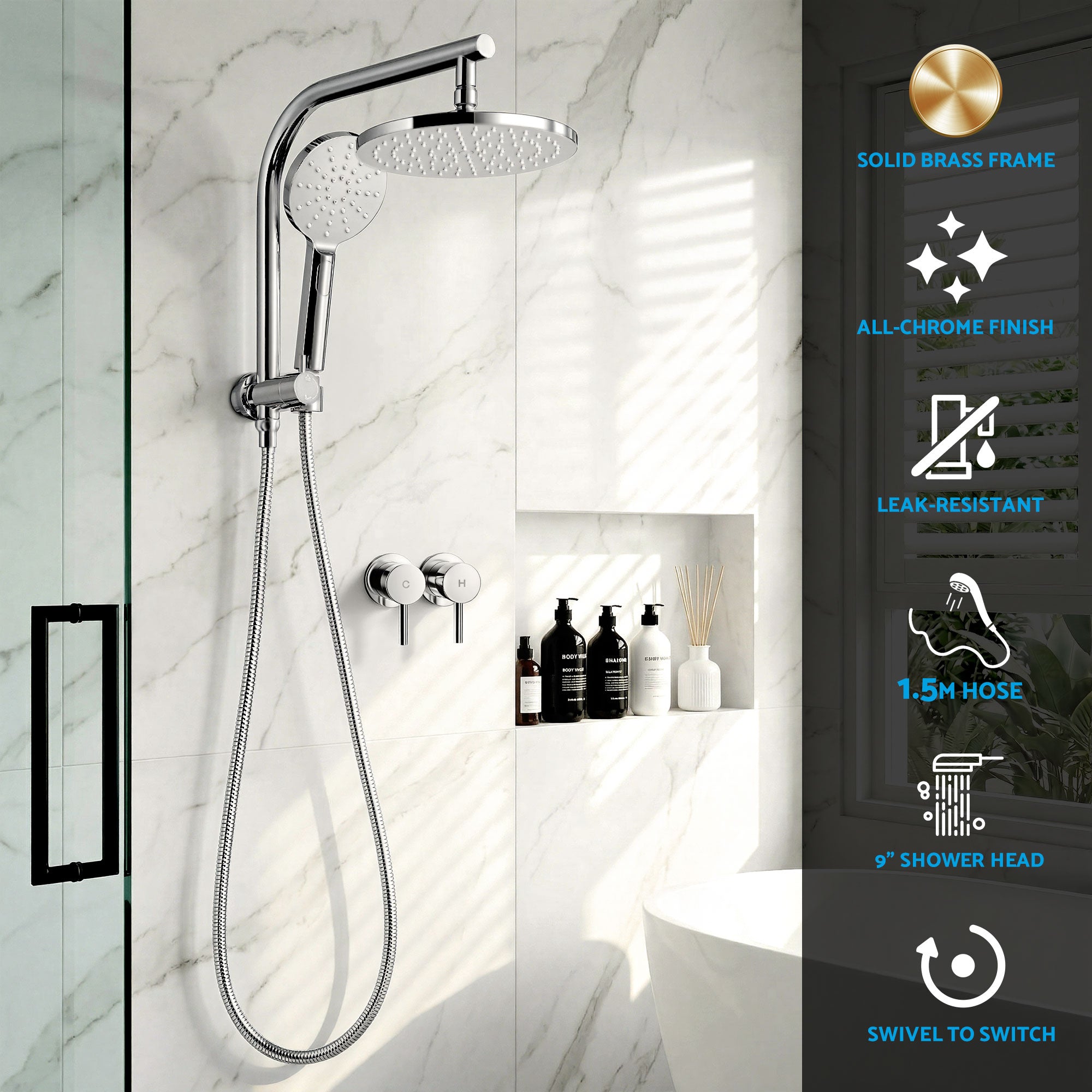 9 Inch Rain Shower Head Set Handheld Chrome | Simpledeals