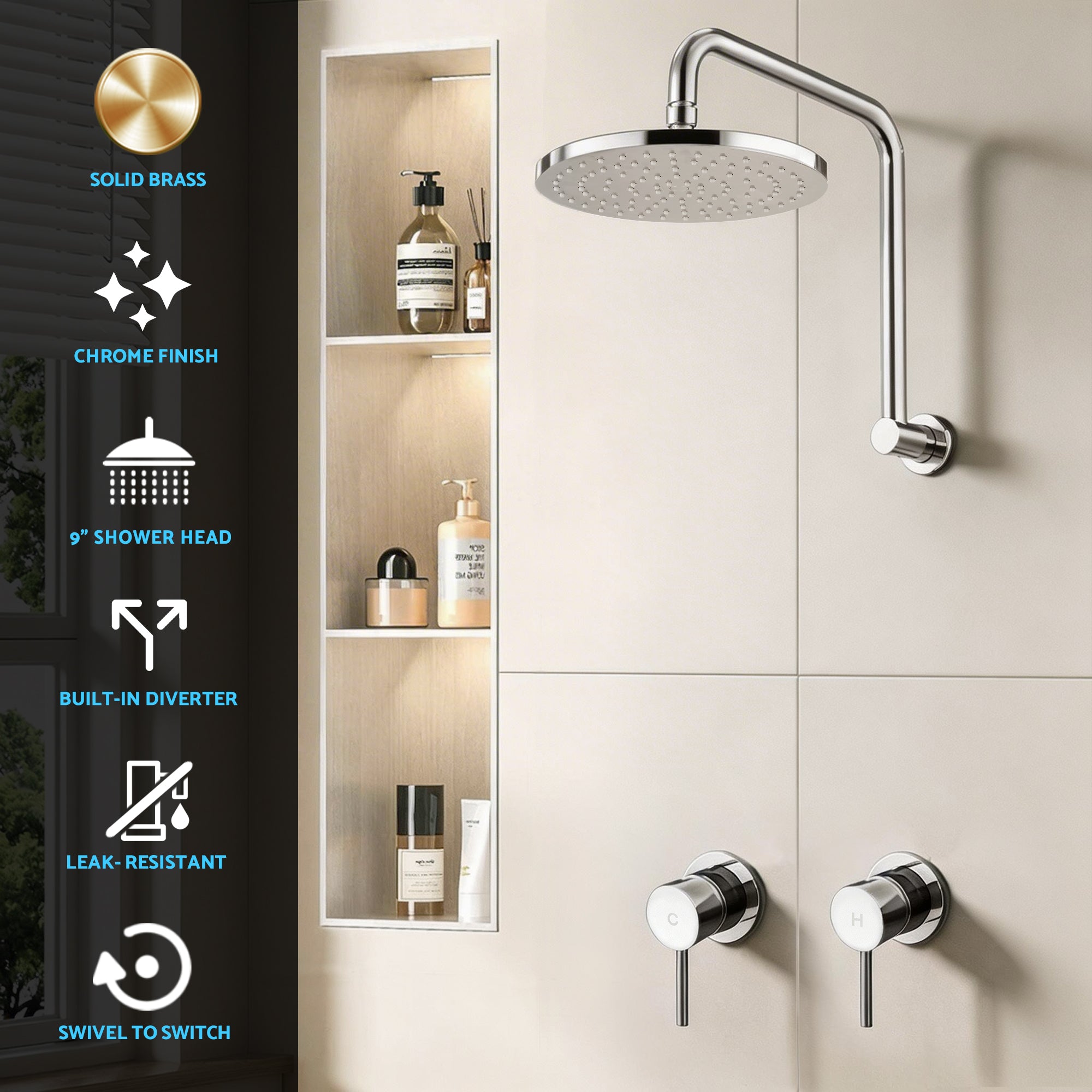 9 Inch Rain Shower Head Wall Tap Set Silver | Simpledeals