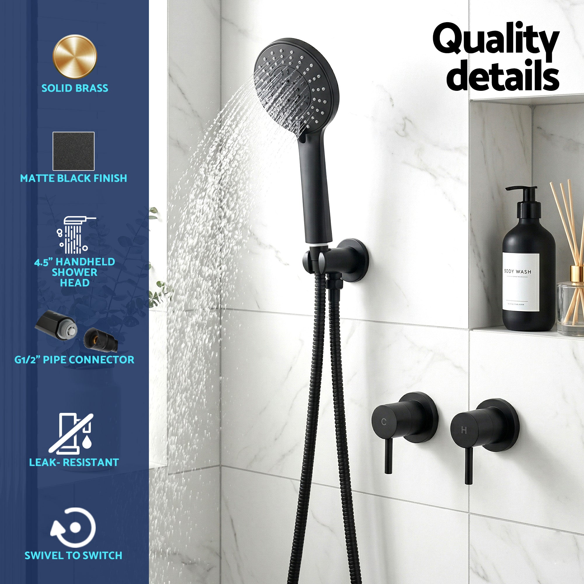 Handheld Shower Head 4.5" Round 5 Spray Matte Black | Simpledeals