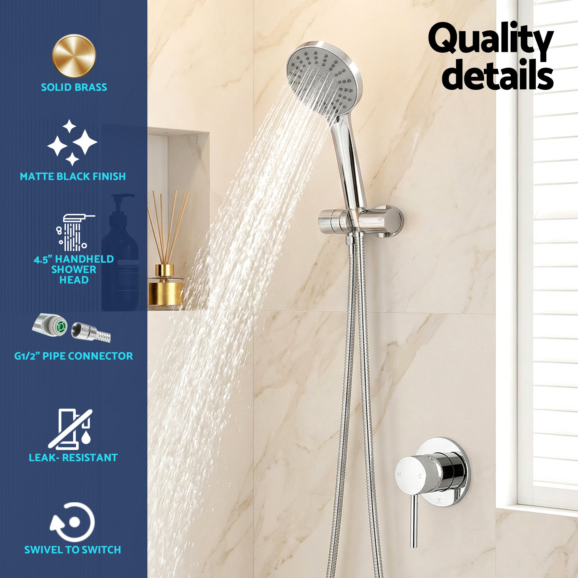 Handheld Shower Head 4.5" Round 5 Spray Modes | Simpledeals