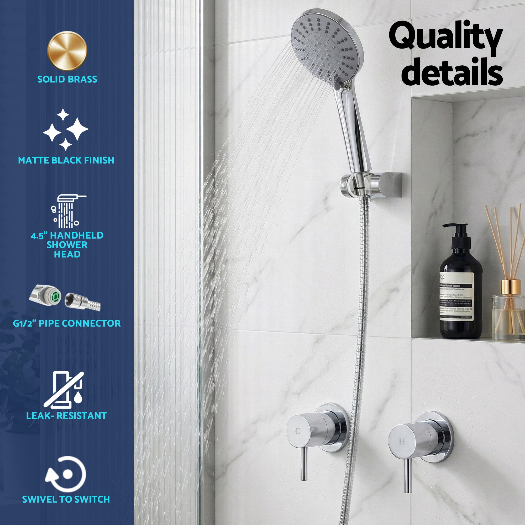 Handheld Shower Head Round 4.5 Inch 5 Mode Silver | Simpledeals
