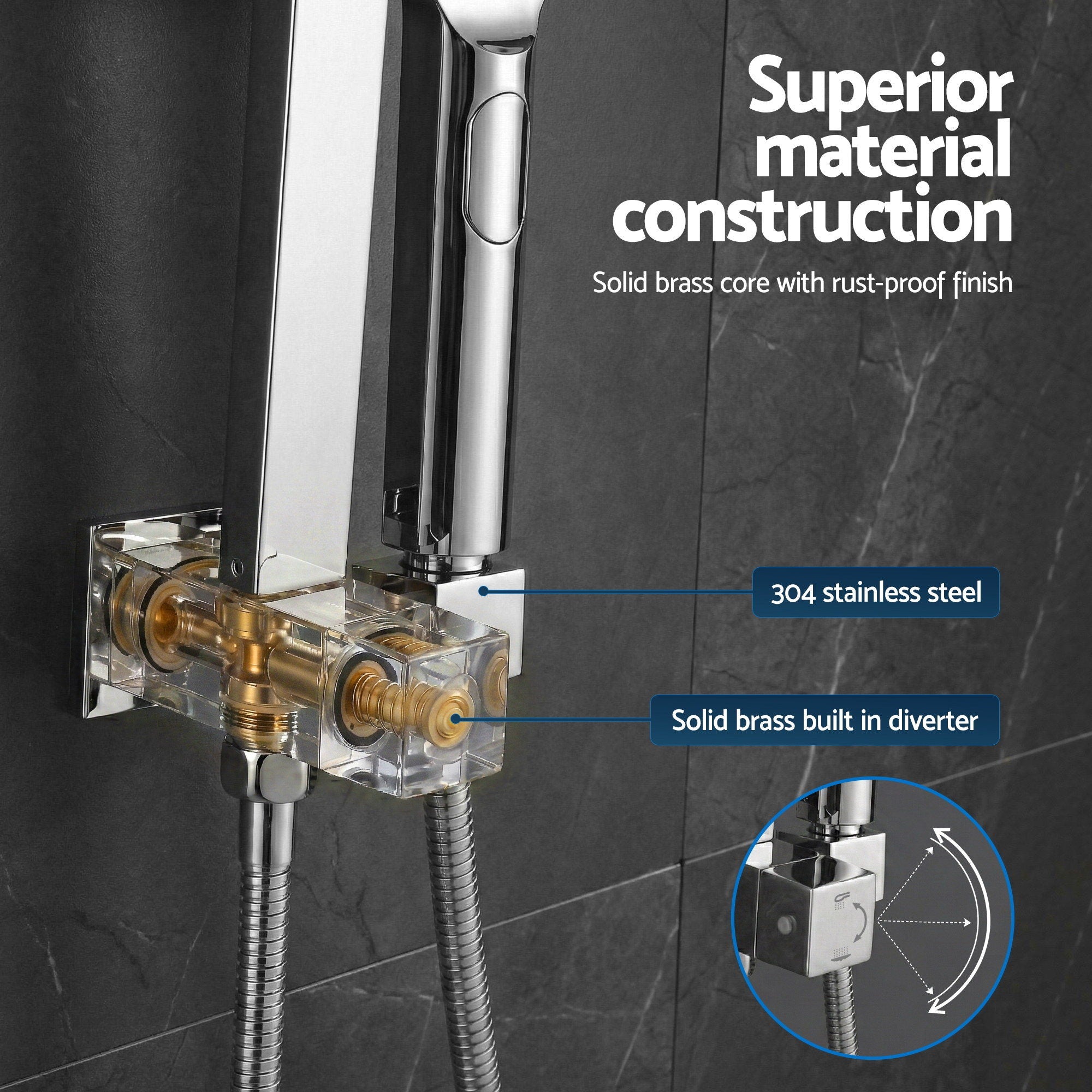 12 Inch Rain Shower Head Set with 3 Mode Handheld Brass Chrome