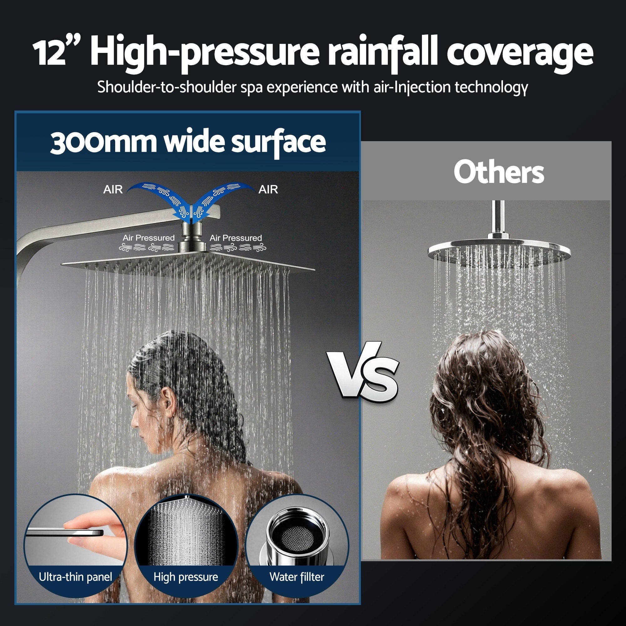 12 Inch Rain Shower Head Set with 3 Mode Handheld Brass Chrome