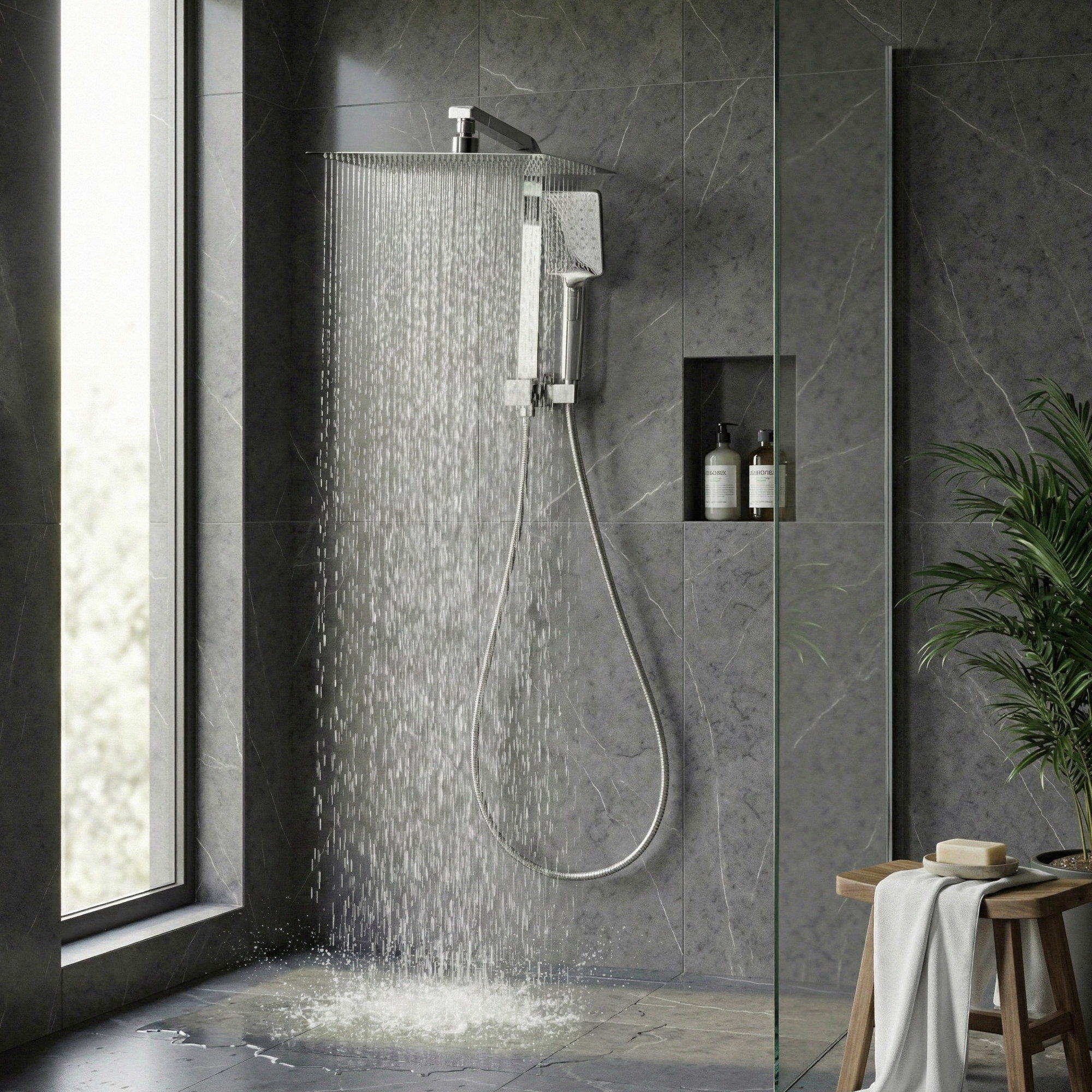 12 Inch Rain Shower Head Set with 3 Mode Handheld Brass Chrome