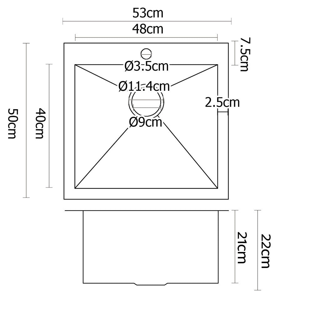 Kitchen Sink 53X50Cm Stainless Steel Basin Single Bowl Laundry Silver