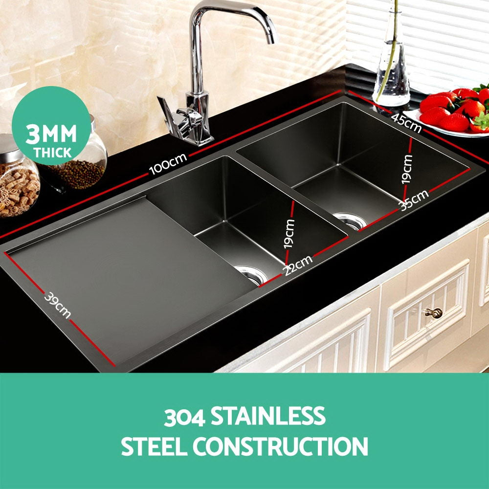 100cm x 45cm Stainless Steel Kitchen Sink Under/Top/Flush Mount Black