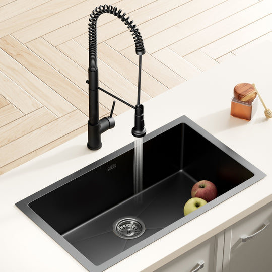 Kitchen Sinks - Black Stainless Steel Kitchen Sink with Pull-Out Tap - 70x45CM