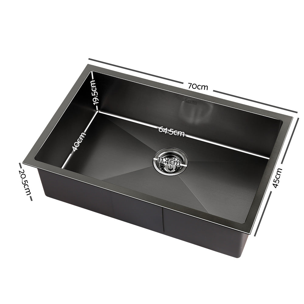 Kitchen Sink 70X45Cm Stainless Steel Basin Single Bowl Laundry Black