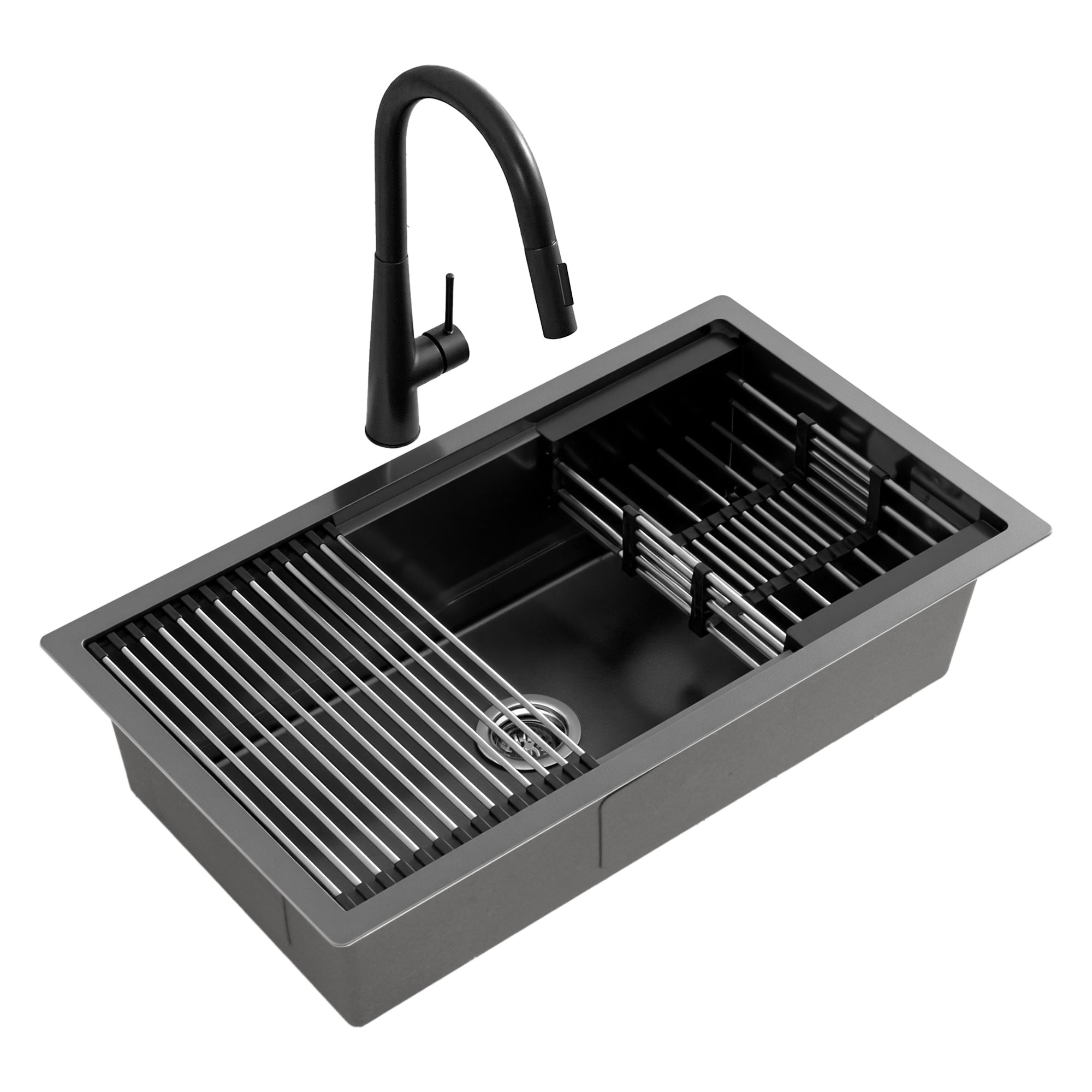 Stainless Steel Kitchen Sink 70x45cm Single Bowl Black Pull-Out Tap