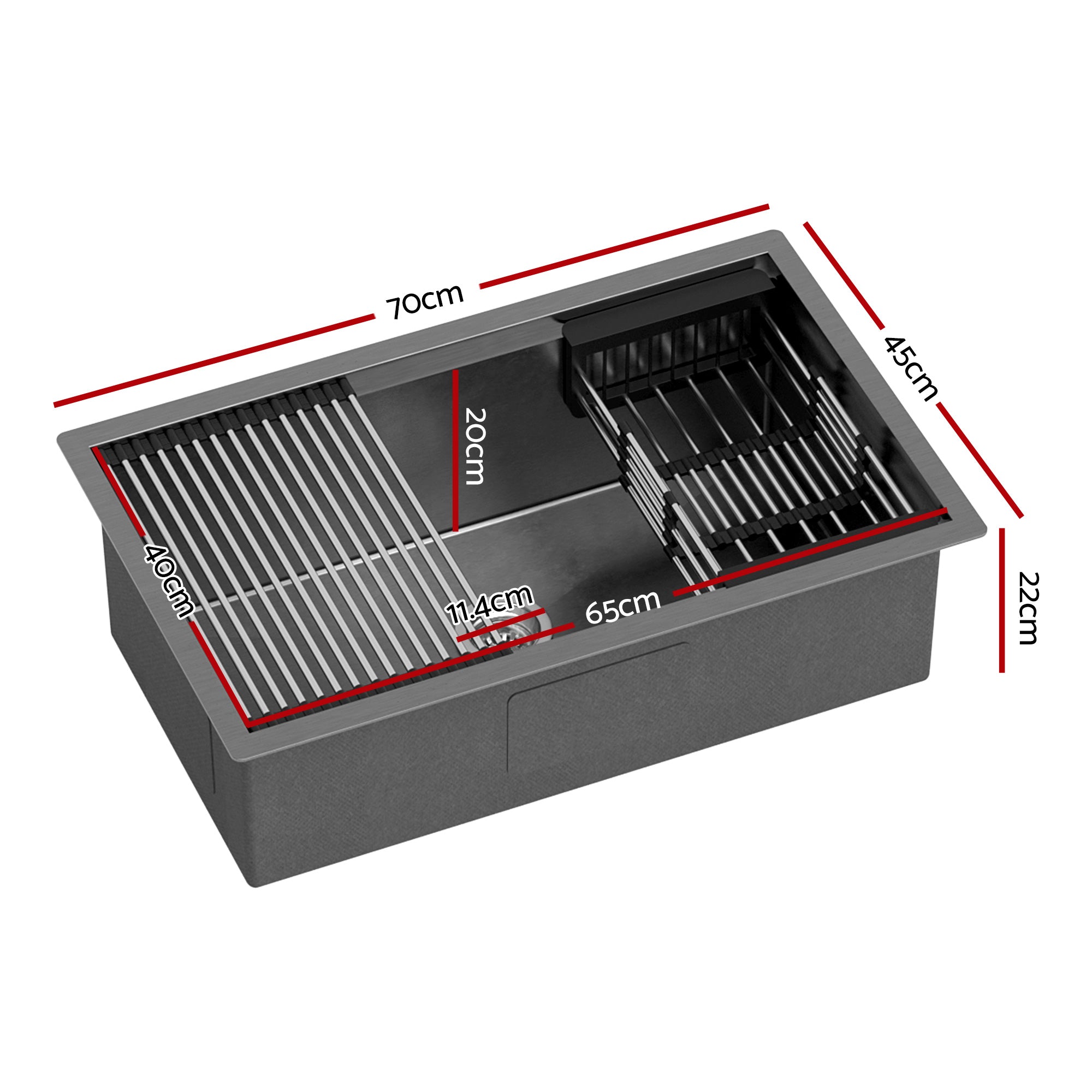 Stainless Steel Kitchen Sink 70x45cm Single Bowl Black Pull-Out Tap