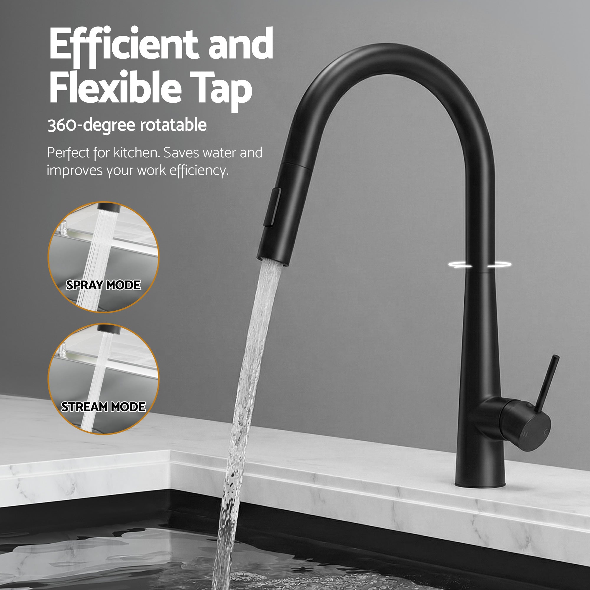 Stainless Steel Kitchen Sink 70x45cm Single Bowl Black Pull-Out Tap