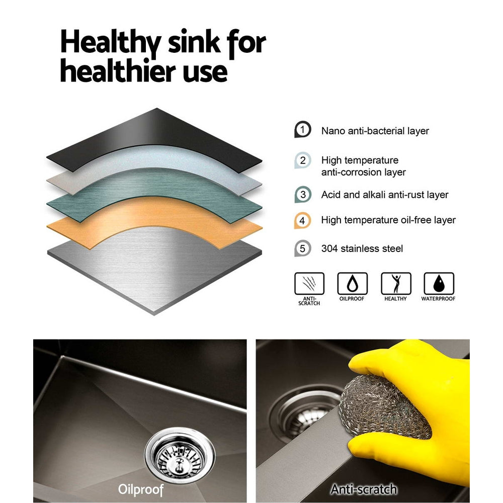 Kitchen Sink 75X45Cm Stainless Steel Basin Single Bowl Laundry Black