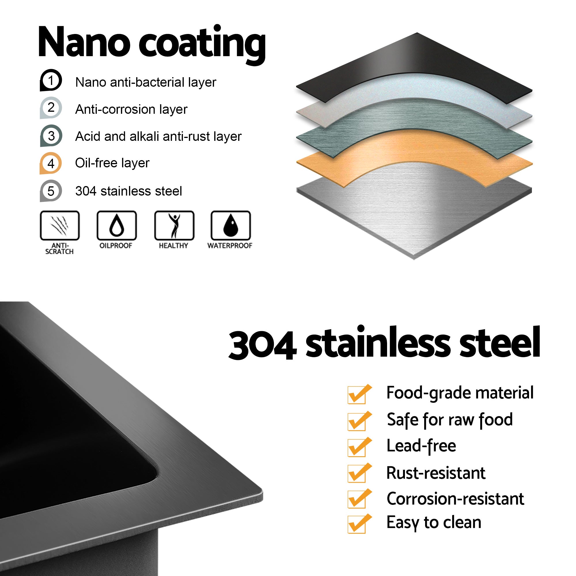 75x45cm Kitchen Sink - Stainless Steel Single Bowl