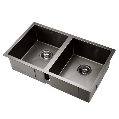 Kitchen Sink 77X45Cm Stainless Steel Basin Double Bowl Laundry Black