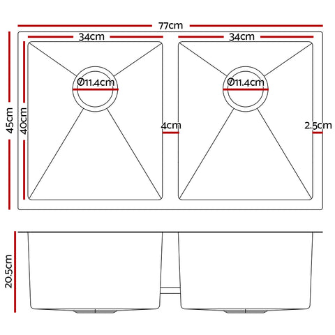 Kitchen Sink 77X45Cm Stainless Steel Basin Double Bowl Laundry Black