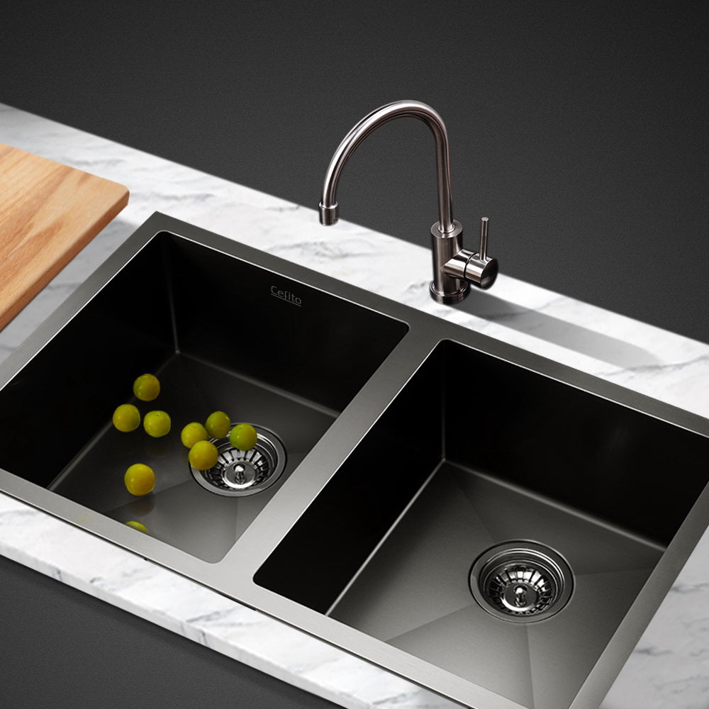 Kitchen Sink 77X45Cm Stainless Steel Basin Double Bowl Laundry Black