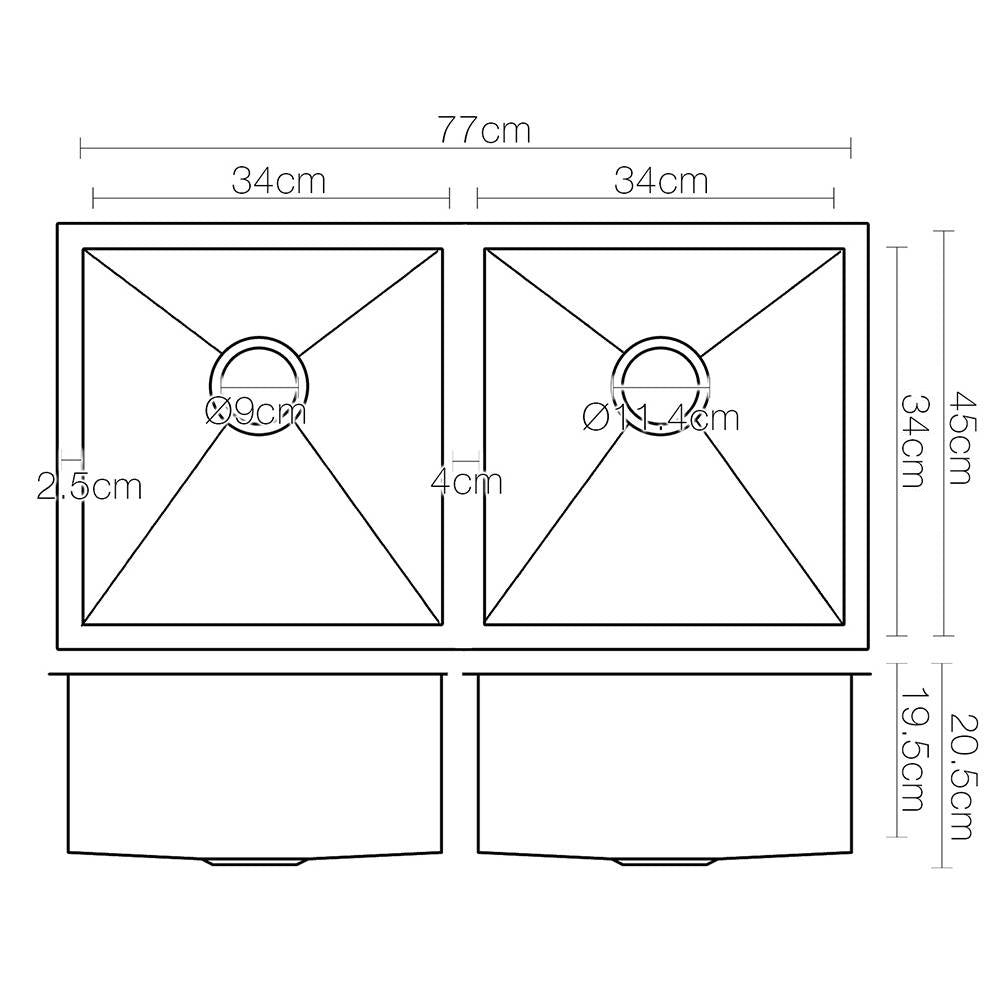 Kitchen Sink 77X45Cm Stainless Steel Basin Double Bowl Laundry Black