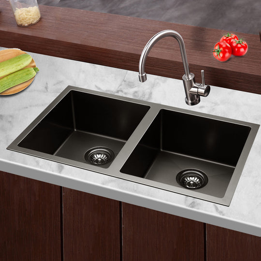 Kitchen Sink 77X45Cm Stainless Steel Basin Double Bowl Laundry Black, Steel finish