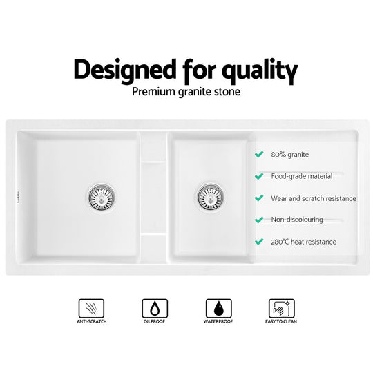 Stone Kitchen Sink 1160X500Mm Granite Under/Topmount Basin Double Bowl White - Cefito Laundry Top Undermount