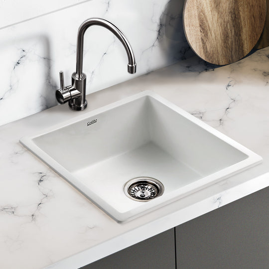 White colour - Stone Kitchen Sink 450X450Mm Granite Under/Topmount Basin Bowl Laundry White