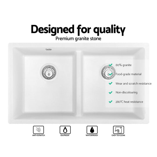 Stone Kitchen Sink 790X460Mm Granite Under/Topmount Basin Double Bowl White - Cefito Laundry Top Undermount