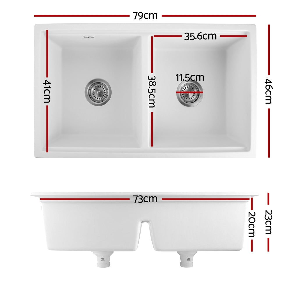 Kitchen Sink Stone Sink Granite Laundry Basin Double Bowl 79Cmx46Cm White
