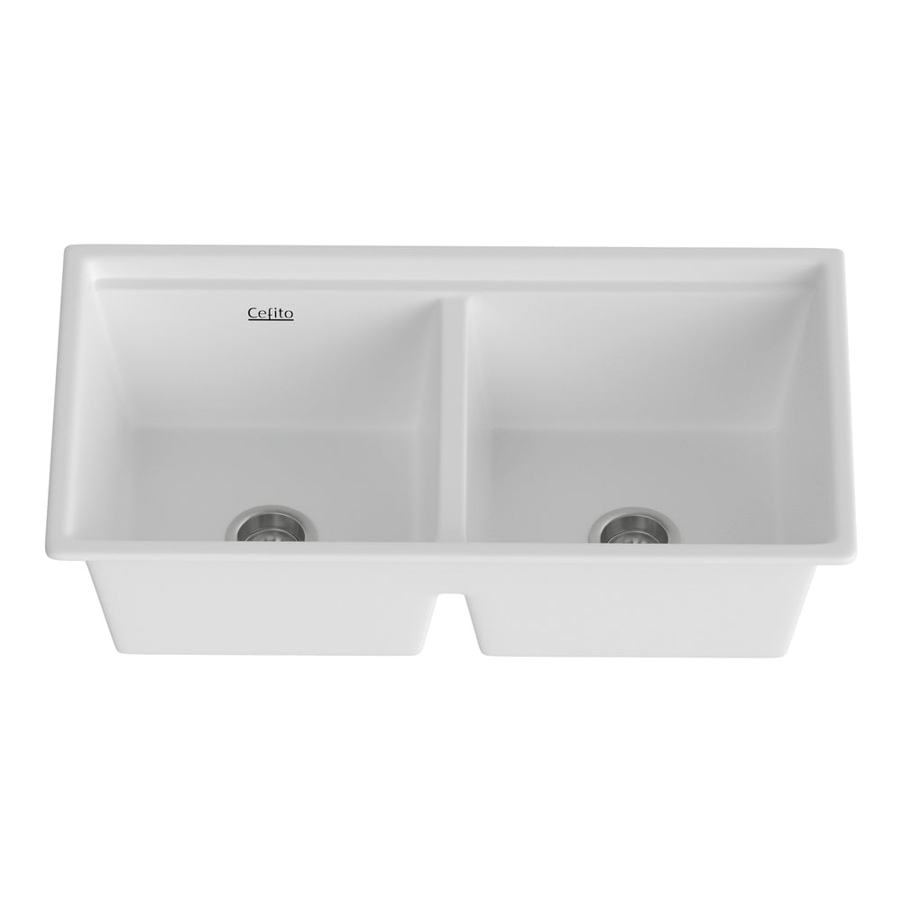 Kitchen Sink Stone Sink Granite Laundry Basin Double Bowl 79Cmx46Cm White