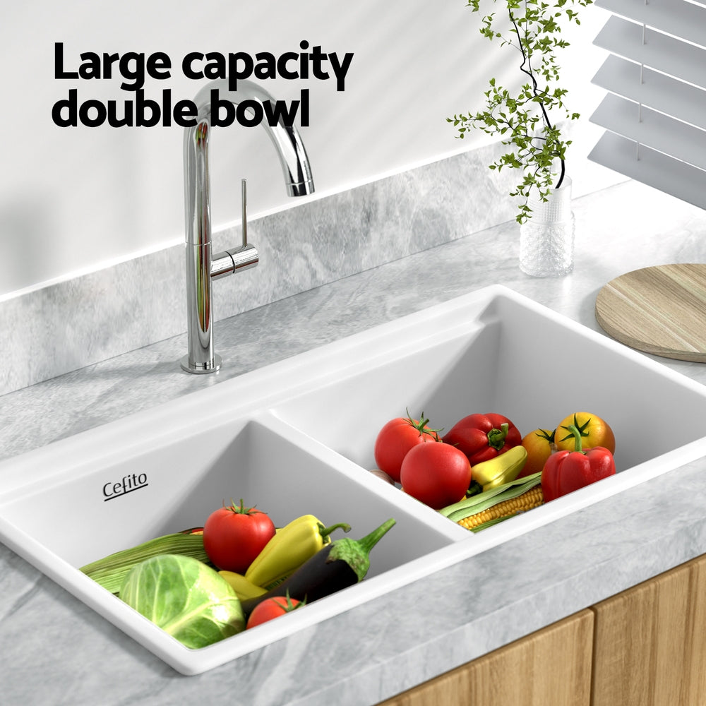 Kitchen Sink Stone Sink Granite Laundry Basin Double Bowl 79Cmx46Cm White