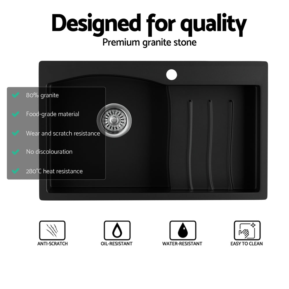 Kitchen Sink 74X45Cm Granite Stone Basin Single Bowl Laundry Black