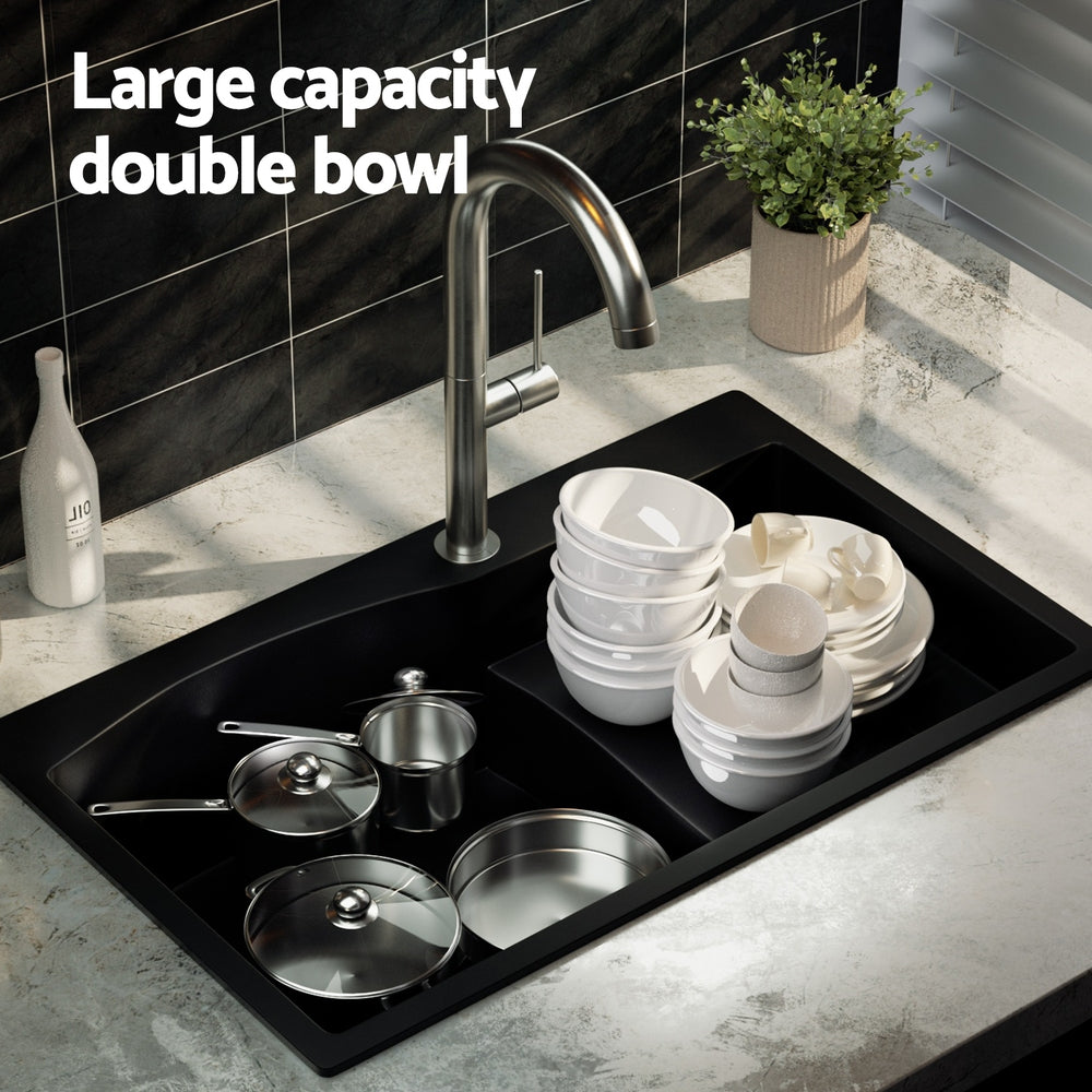 Kitchen Sink 74X45Cm Granite Stone Basin Single Bowl Laundry Black