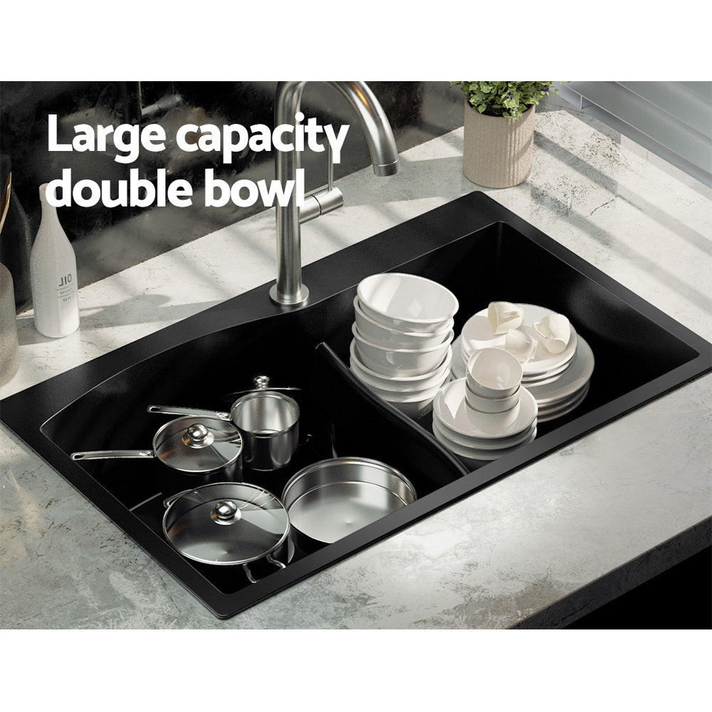 Kitchen Sink 76X47Cm Granite Stone Basin Double Bowl Laundry Black