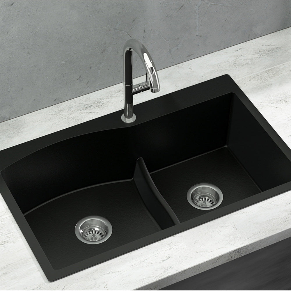 Kitchen Sink 76X47Cm Granite Stone Basin Double Bowl Laundry Black