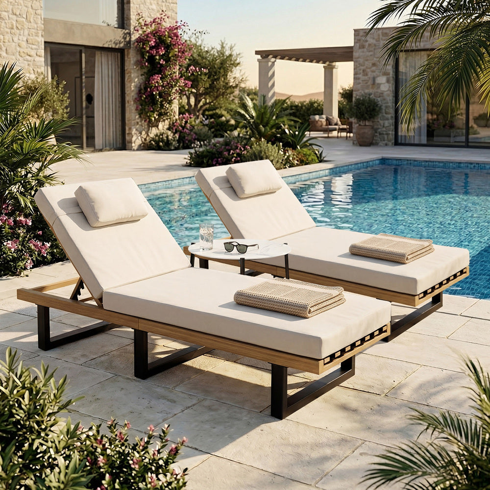 2PCS Patio Sun Lounge with Table Set Beige