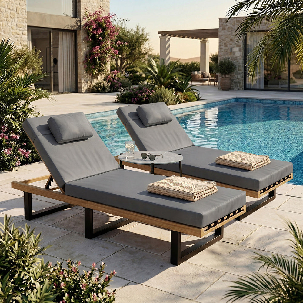 2PCS Patio Sun Lounge with Table Set Grey