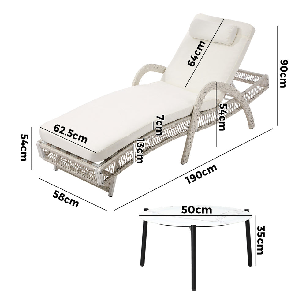 3PCS Outdoor Sun Lounger Wicker Lounge Table Chairs Grey & Beige