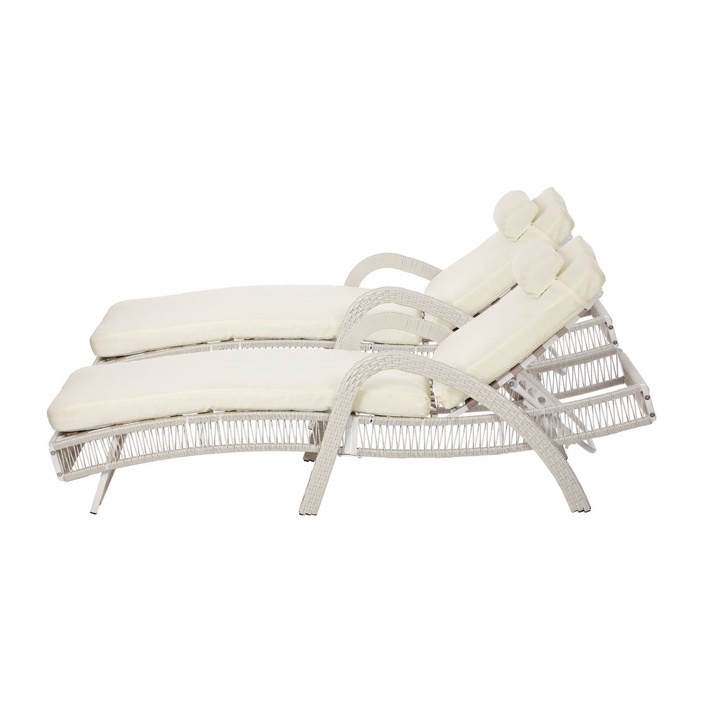 2PCS Outdoor Sun Lounge Wicker Bed Patio Furniture Beige&Grey