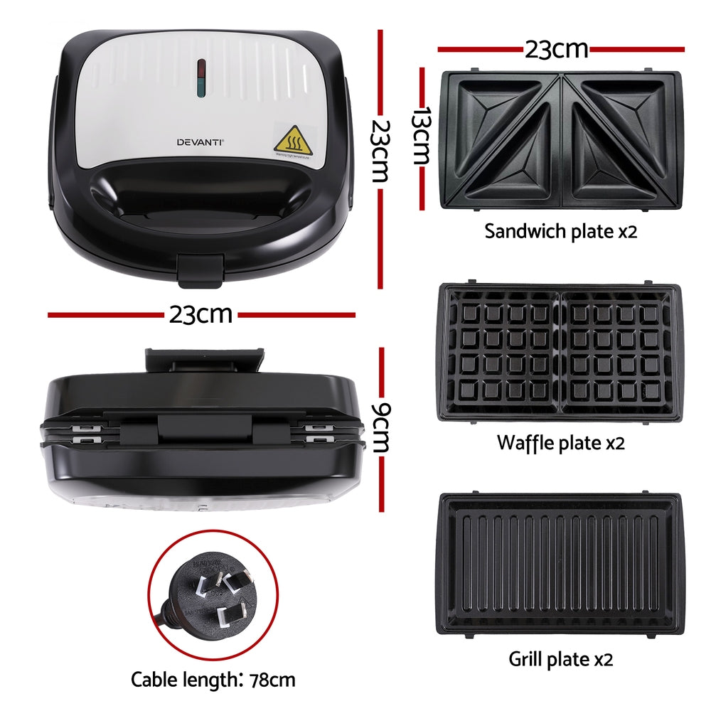 3-in-1 Sandwich Press Waffle Maker Panini Press Grill 850W