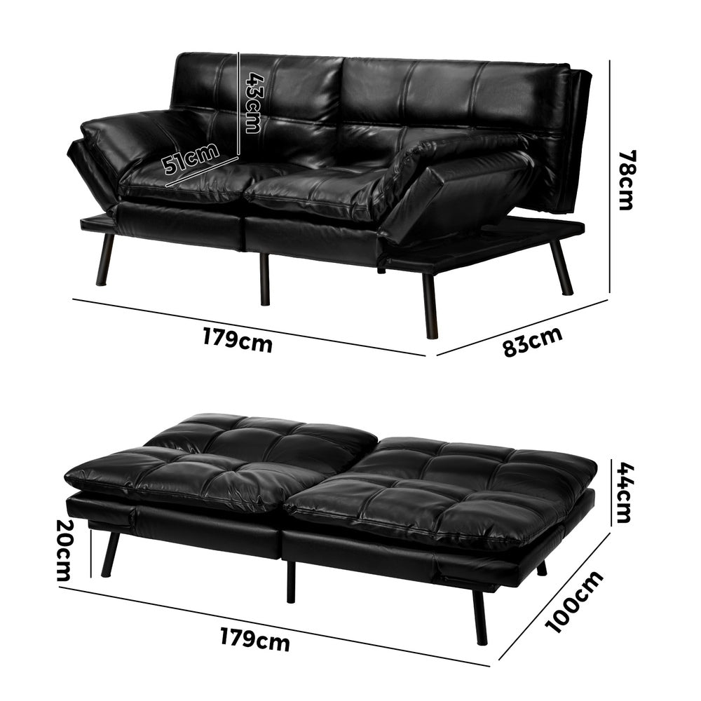 Sofa Bed Futon Lounge Couch Convertible Leather 3-Seater Black