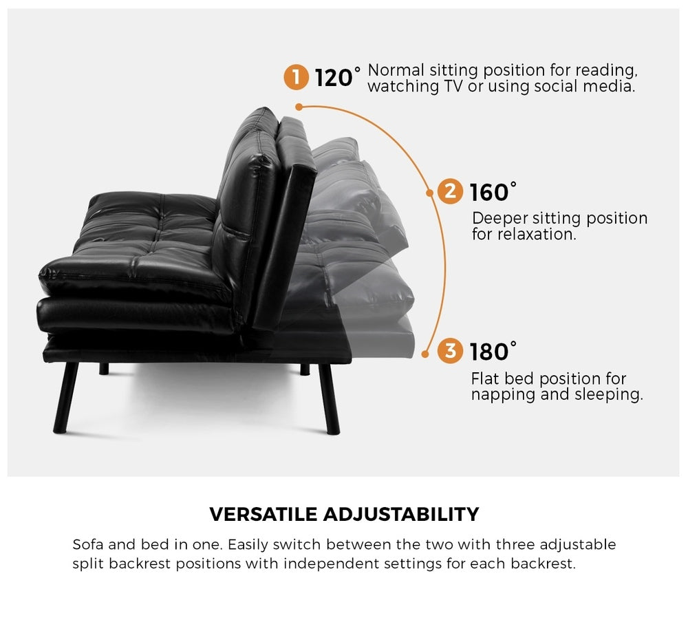 Sofa Bed Futon Lounge Couch Convertible Leather 3-Seater Black