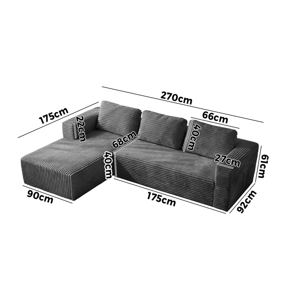 Modular L Shape Sofa Cloud Couch Chaise Corduroy Grey
