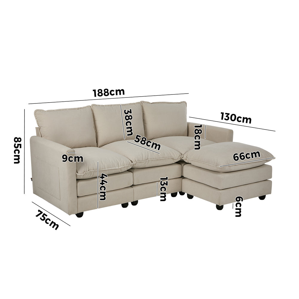 Modular 3-Seater Sofa Set Corduroy Couch with Ottoman Beige Thick Cushion 188cm