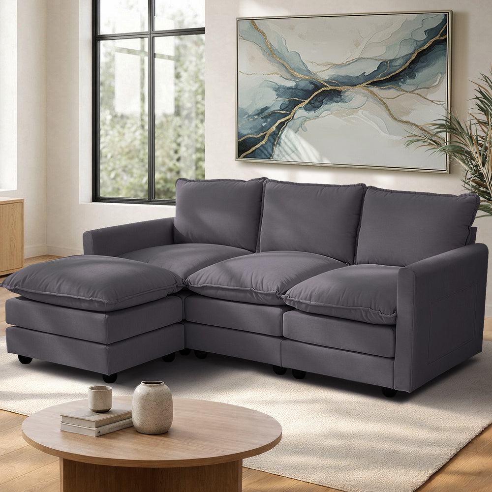 Modular 3-Seater Sofa Set Corduroy Couch with Ottoman Beige Thick Cushion 188cm