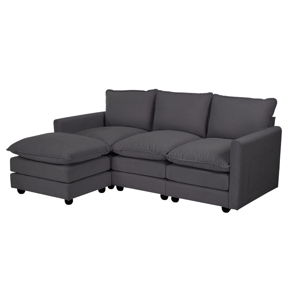 Modular 3-Seater Sofa Set Corduroy Couch with Ottoman Beige Thick Cushion 188cm